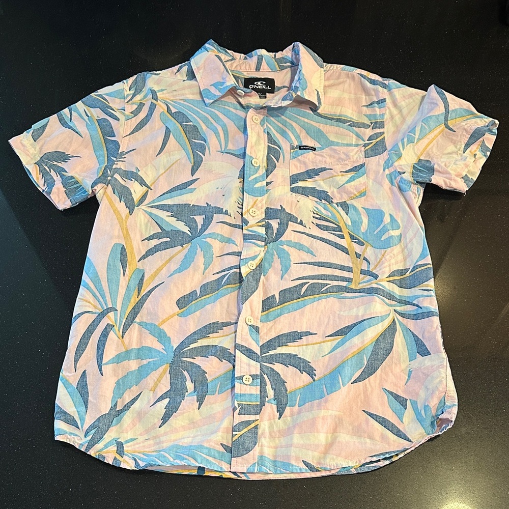 O'Neill Kids Tropical Button Down Shirt - Blue and Pink (Size: XL)